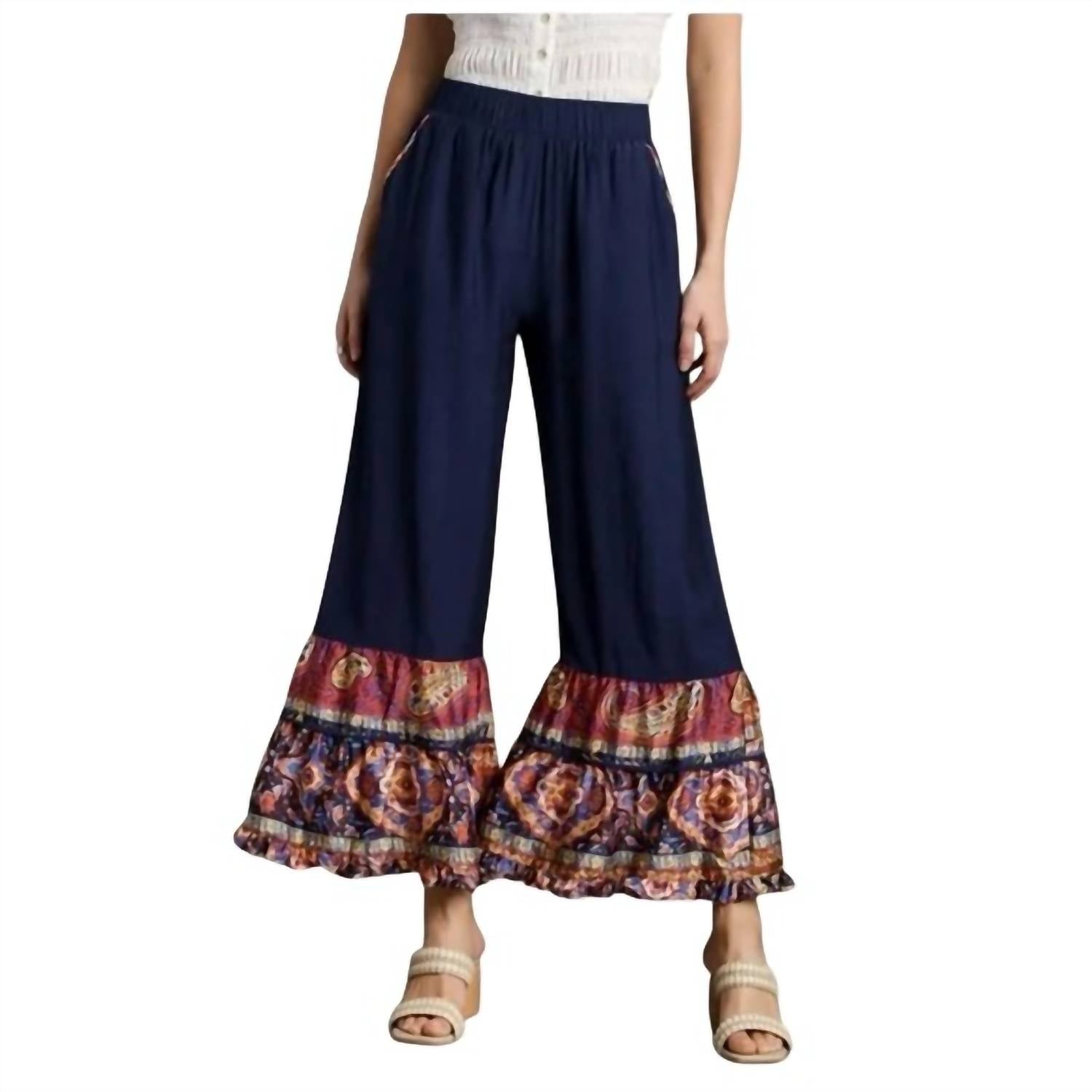 Umgee - Boarder Print Ruffle Hem Wide Leg Pants With Elastic Band