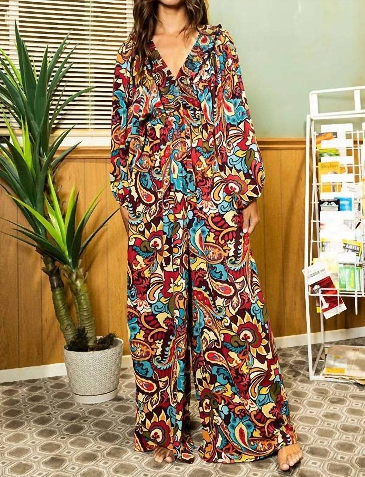 Bucketlist - Paisley Smocked Ruffled V-neck Jumpsuit
