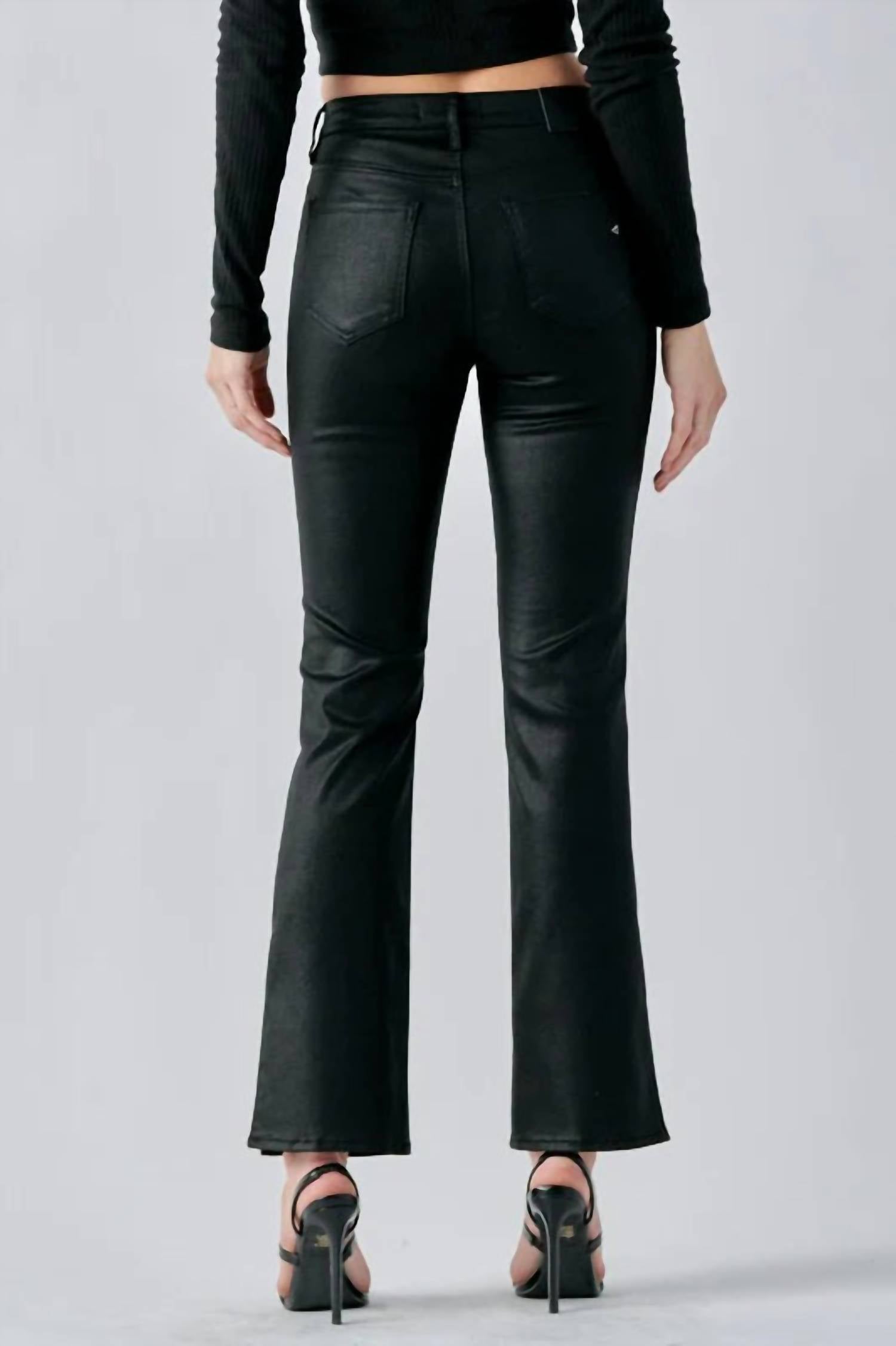 Hidden - Coated Leather Raw Hem Cropped Flare Pants