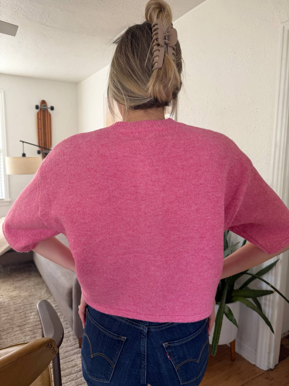 PINCH Flora Knit Short Sleeve Button Cardigan Top in pink - women's sweater - alternate view