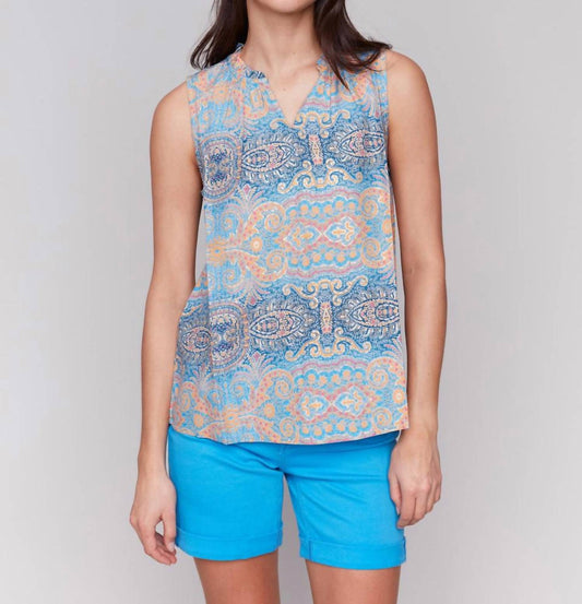 Charlie B - Printed Sleeveless Ruffle Neck Top