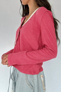 POL Lace-trim Henley Top in raspberry - women's cardigan - alternate view