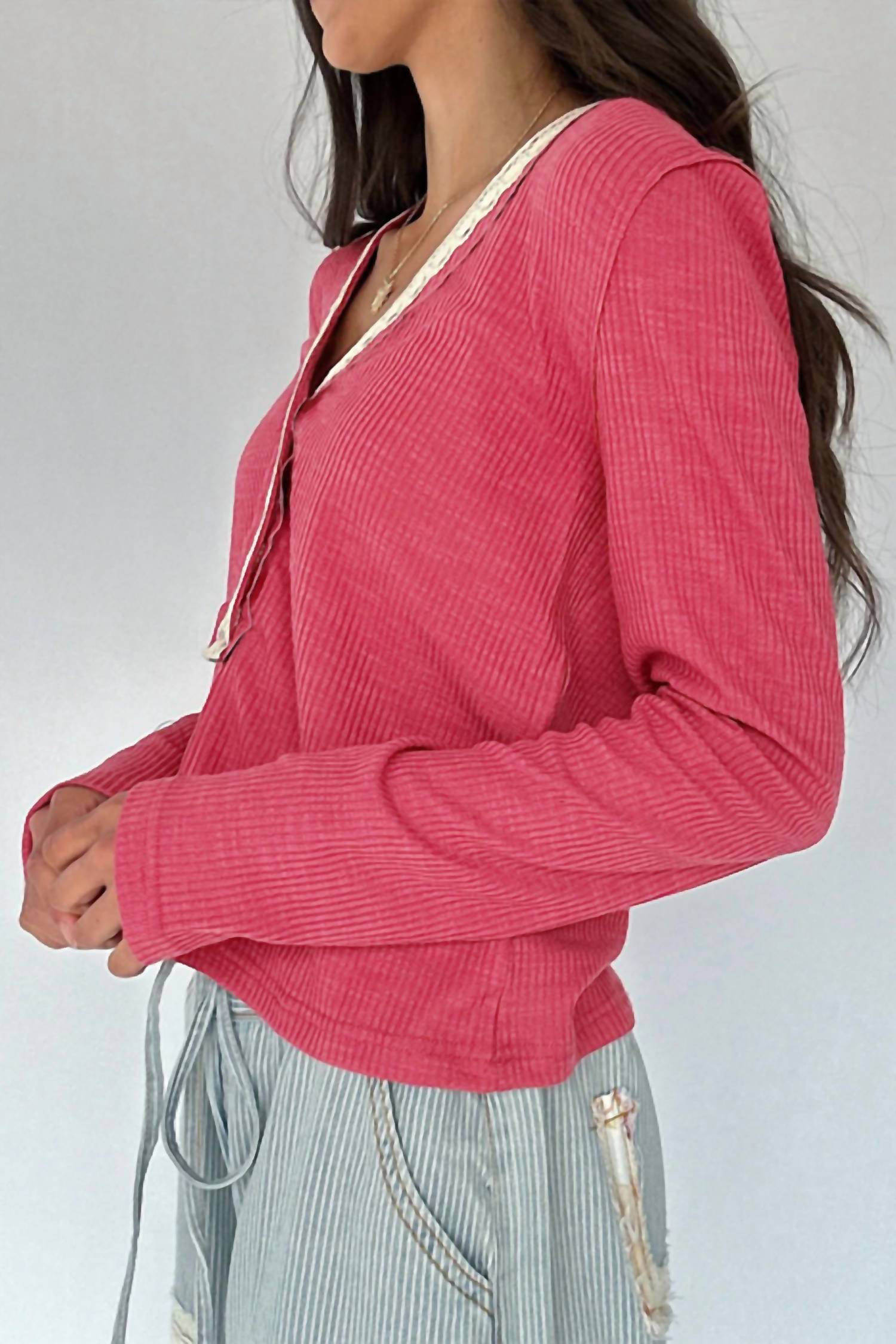 POL Lace-trim Henley Top in raspberry - women's cardigan - alternate view