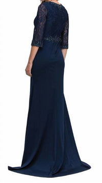 Lucci Lu - V-neck 3/4th Illusion Sleeves Embellished Long Dress