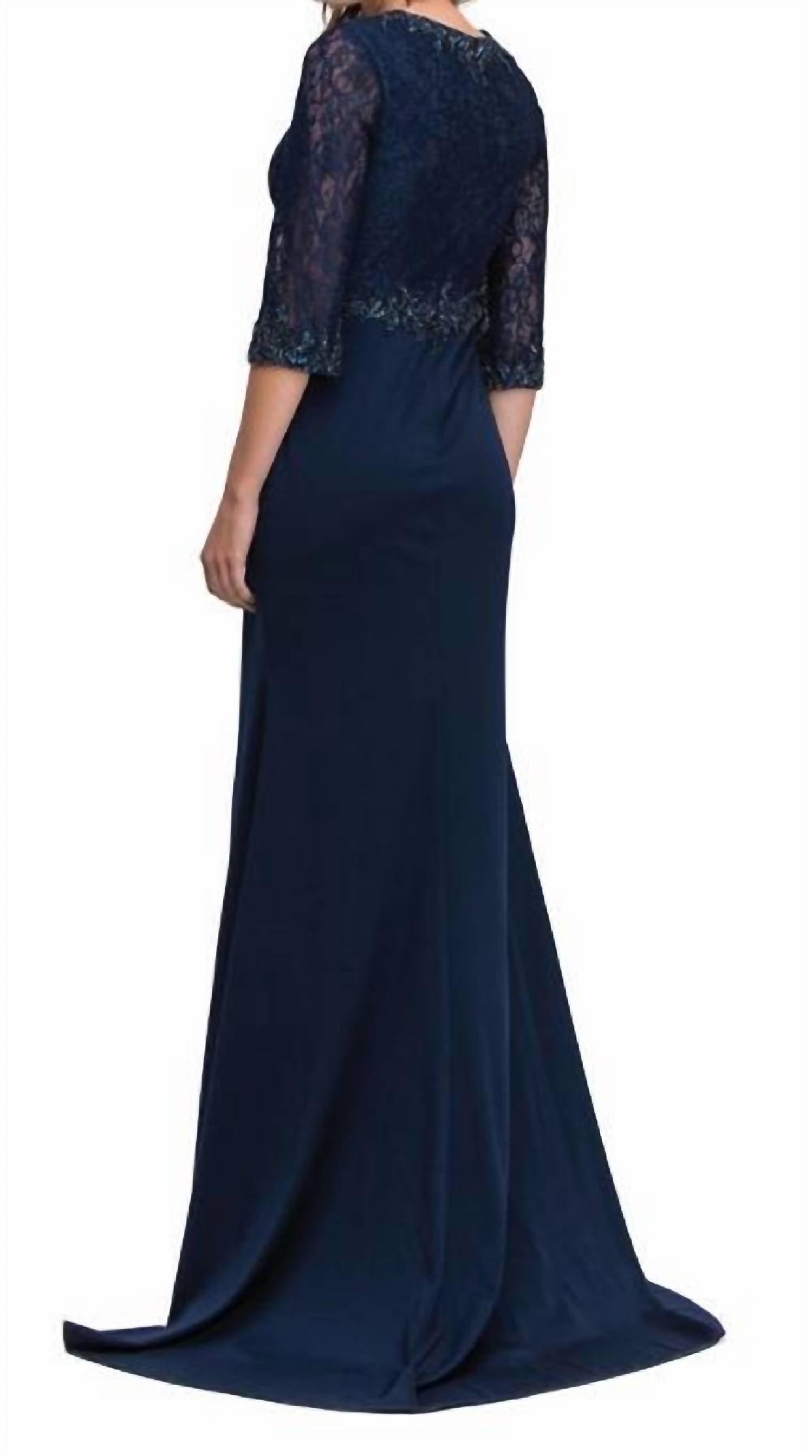 Lucci Lu - V-neck 3/4th Illusion Sleeves Embellished Long Dress