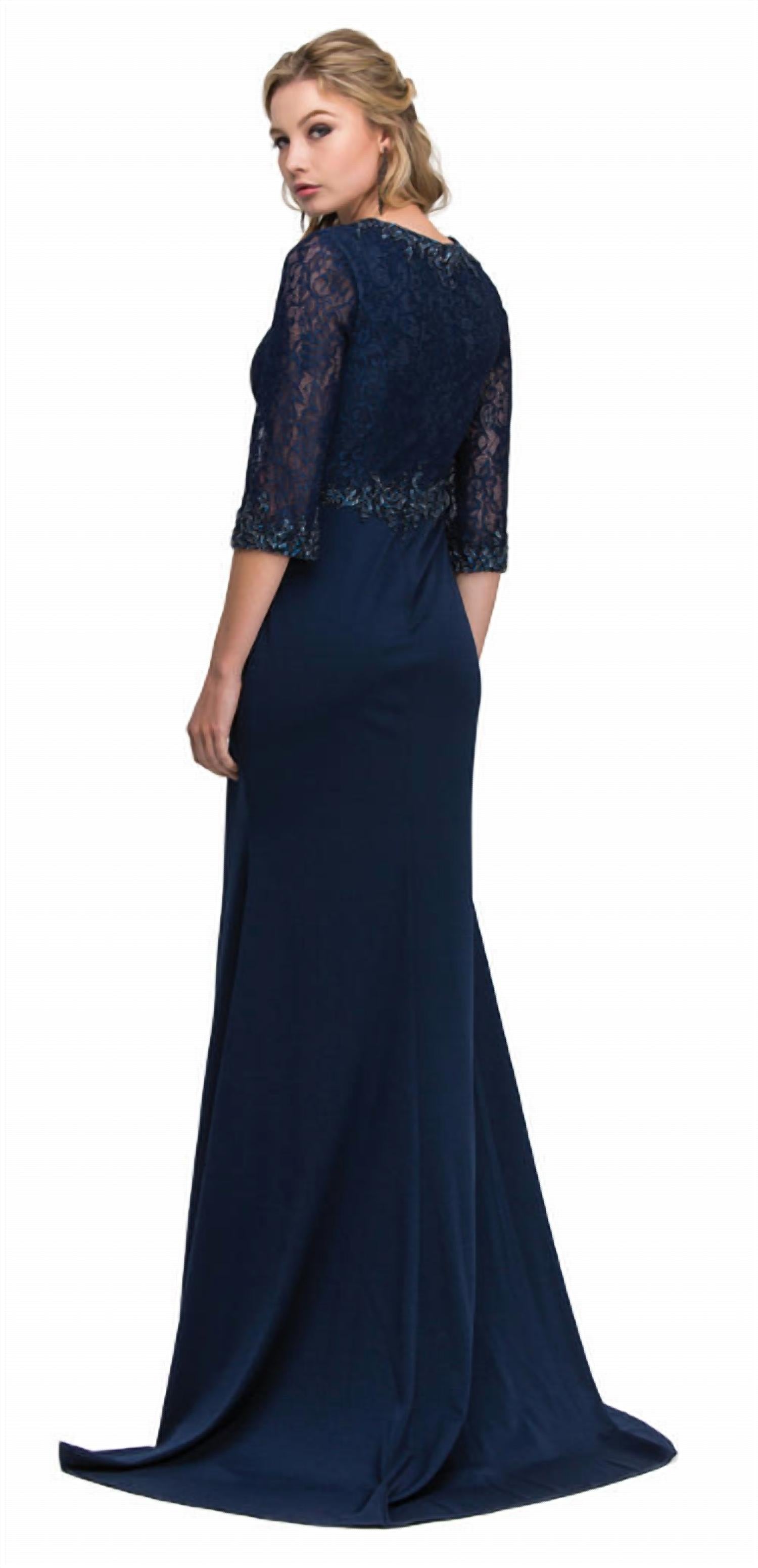 Lucci Lu - V-neck 3/4th Illusion Sleeves Embellished Long Dress