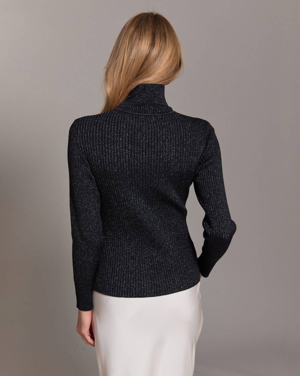 Alashan Cashmere Fine Marino Mitra Lurex Rib Turtle Neck Top in black - women's sweater - alternate view