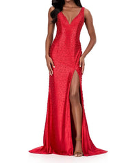 Ashleylauren - Beaded V Neck Evening Gown