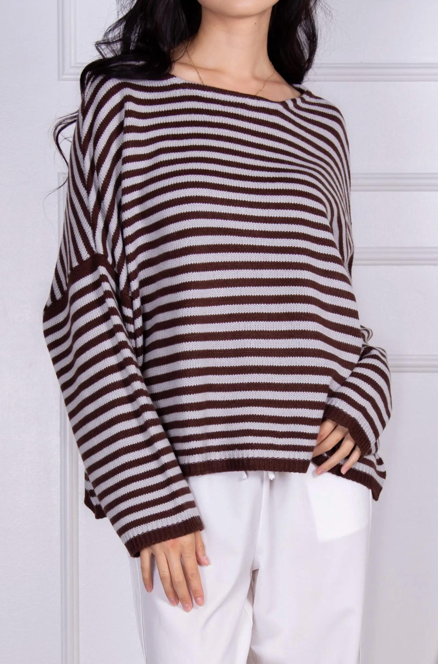 DROPPED-SHOULDER STRIPED KNIT SWEATER