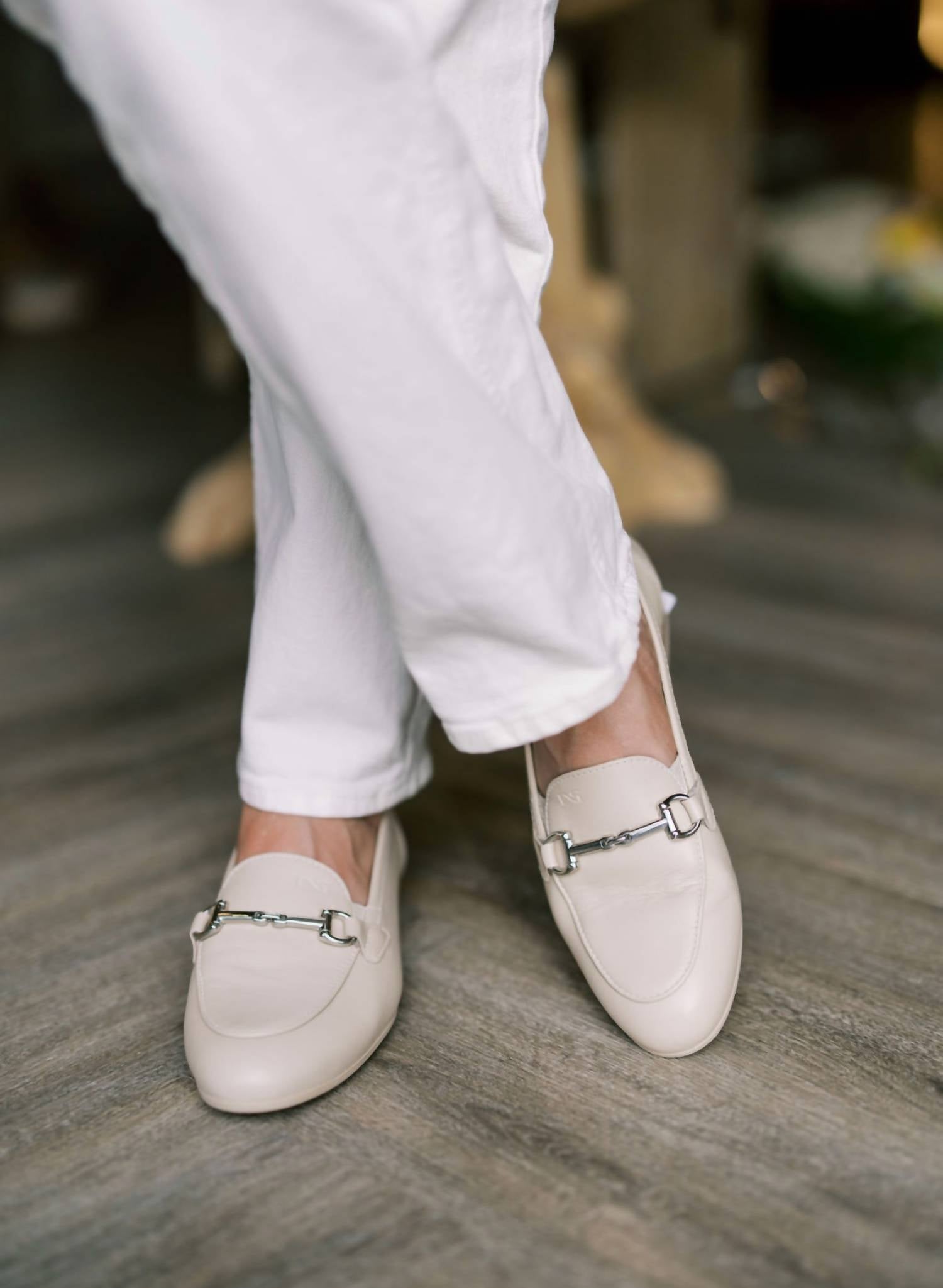 NeroGiardini Women's Nappa Buckle Loafer in ecru - women's flats - detail view