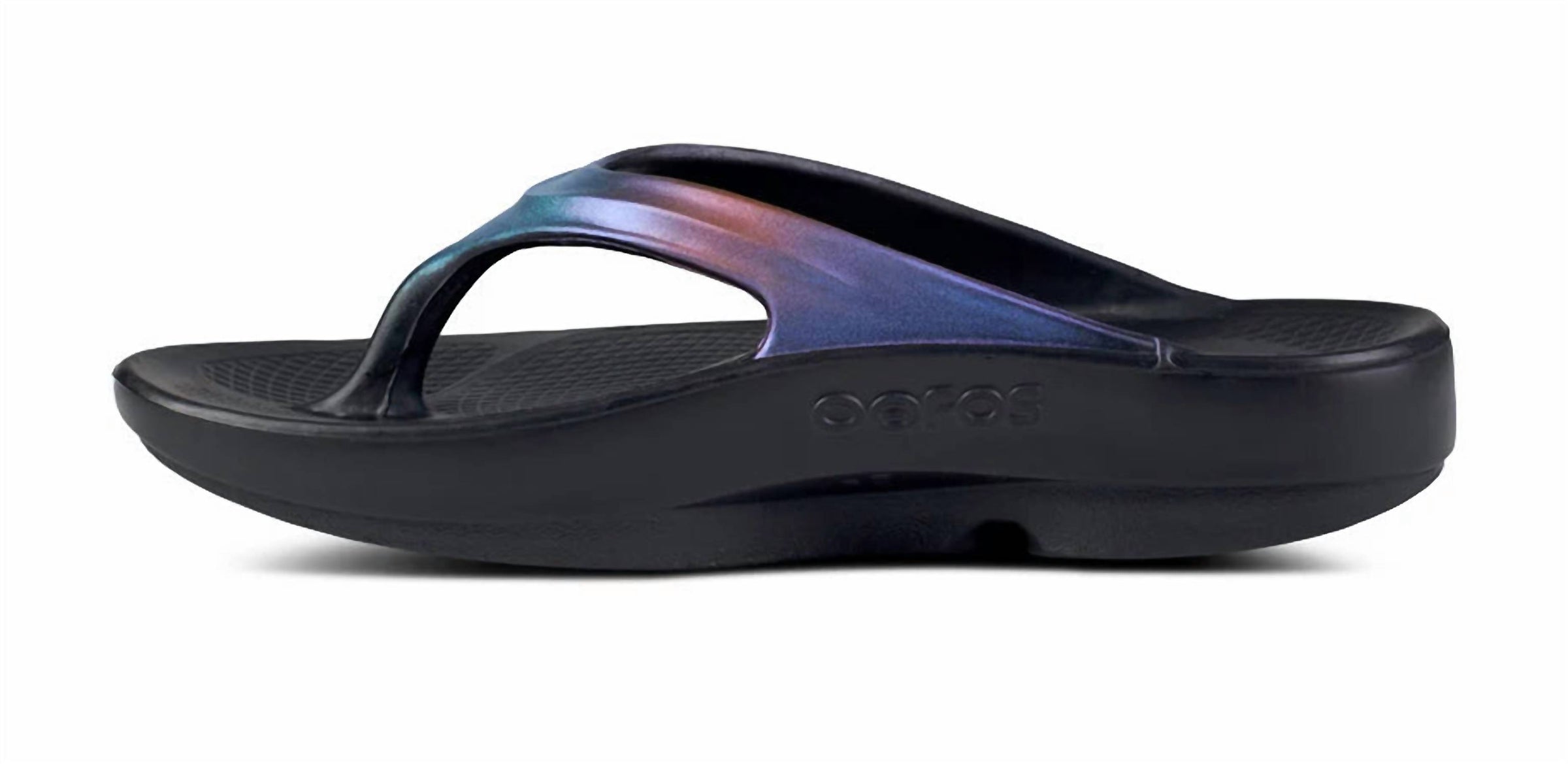 OOFOS Women's Oolala Luxe Thong Slippers in midnight spectre - women's shoe - detail view