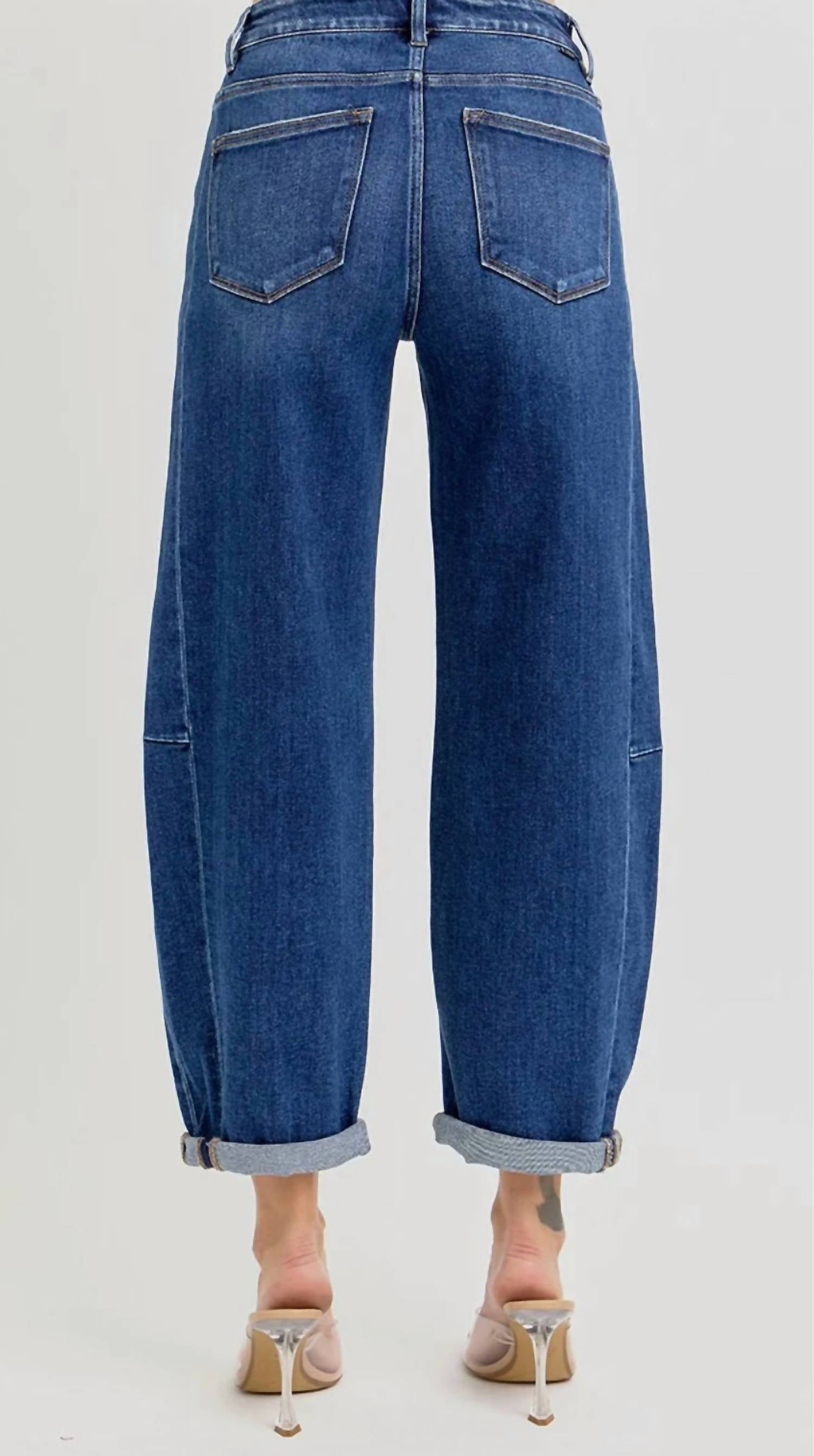 RISEN Barrel Jeans in dark denim - women's jeans - detail view