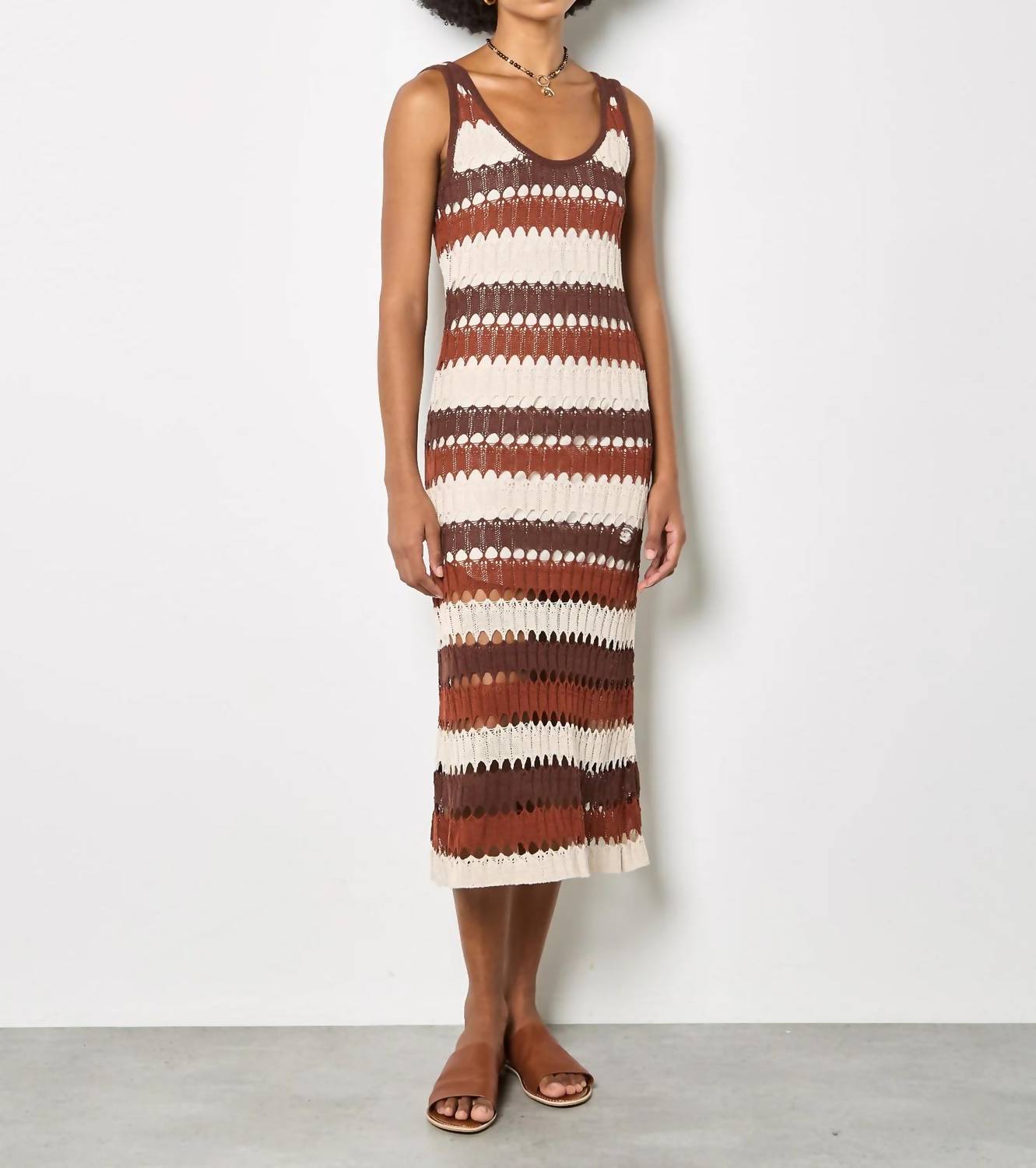 Apricot - Boho Striped Crochet Midi Dress