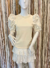 Ces Femme Women's Puff Sleeve Ribbed Knit Shirt in ivory - women's blouse - detail view