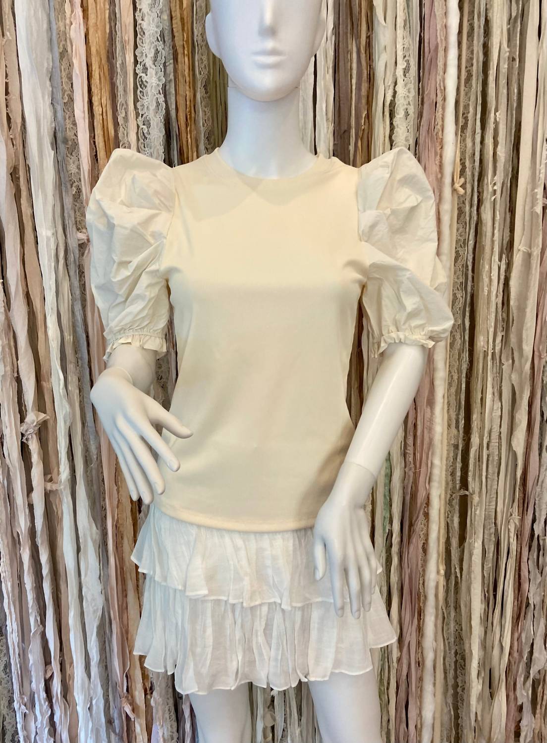 Ces Femme Women's Puff Sleeve Ribbed Knit Shirt in ivory - women's blouse - detail view