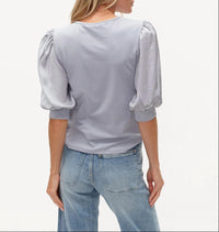 SIX/FIFTY Solara Mixed Media Satin Top in denim - women's blouse - detail view