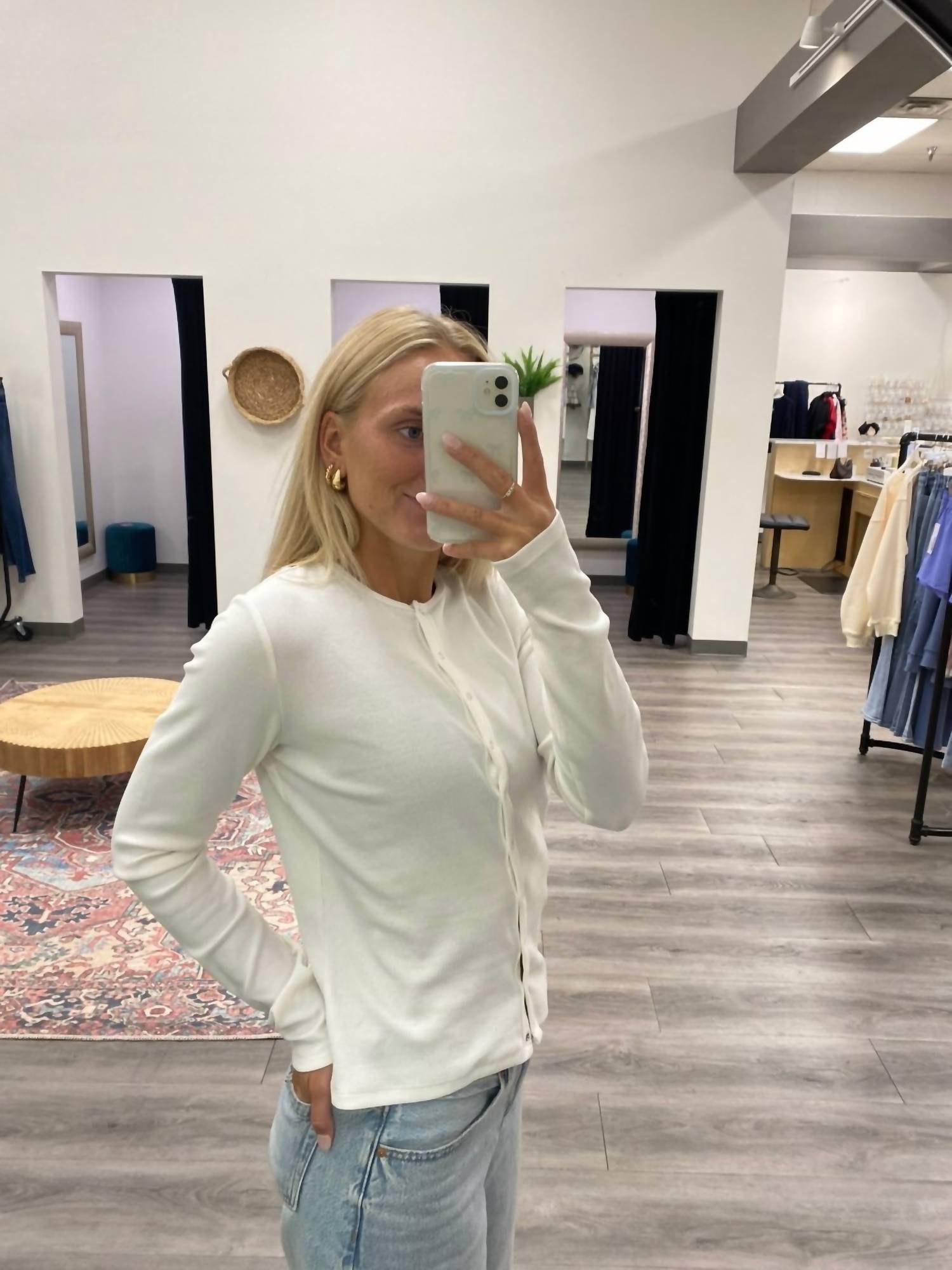 WISHLIST Ribbed Button-up Knit Top in off white - women's long sleeve top - alternate view
