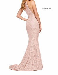 Sherri Hill Lace Halter Gown High Slit Rhinestone Dress in blush - women's dress - detail view