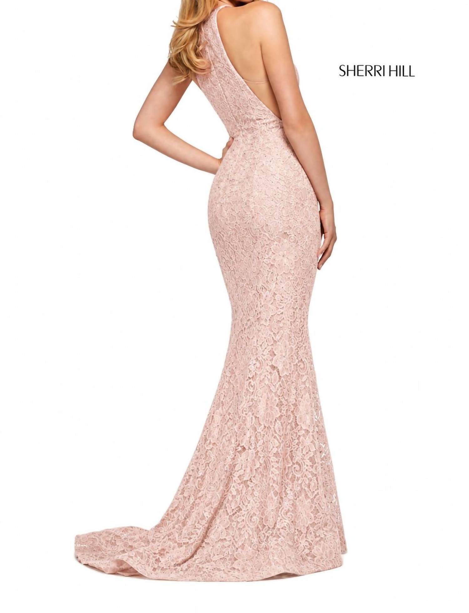 Sherri Hill Lace Halter Gown High Slit Rhinestone Dress in blush - women's dress - detail view