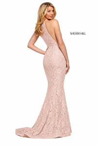 Sherri Hill Lace Halter Gown High Slit Rhinestone Dress in blush - women's dress - alternate view