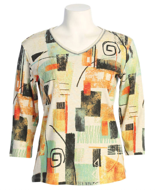 Jess & Jane - Women's Malaga V-neck Printed Cotton Top - Plus