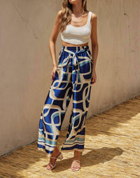 DRESS FORUM Printed Satin Wide Leg Pant in blue - women's pants