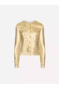 Oscar de la Renta Long Sleeve Foil Lace Embroidered Cardigan in gold - women's cardigan - view 4
