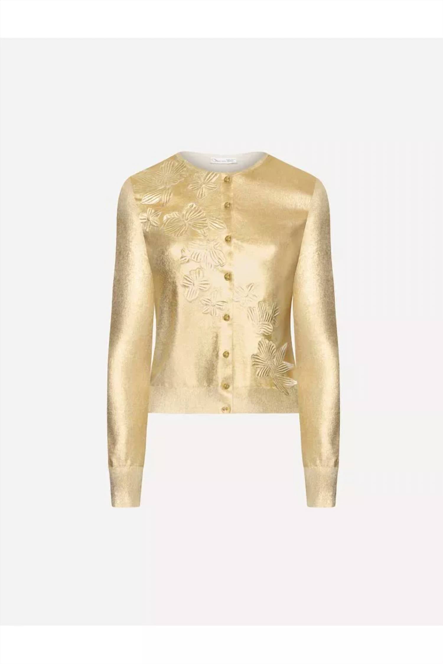 Oscar de la Renta Long Sleeve Foil Lace Embroidered Cardigan in gold - women's cardigan - view 4