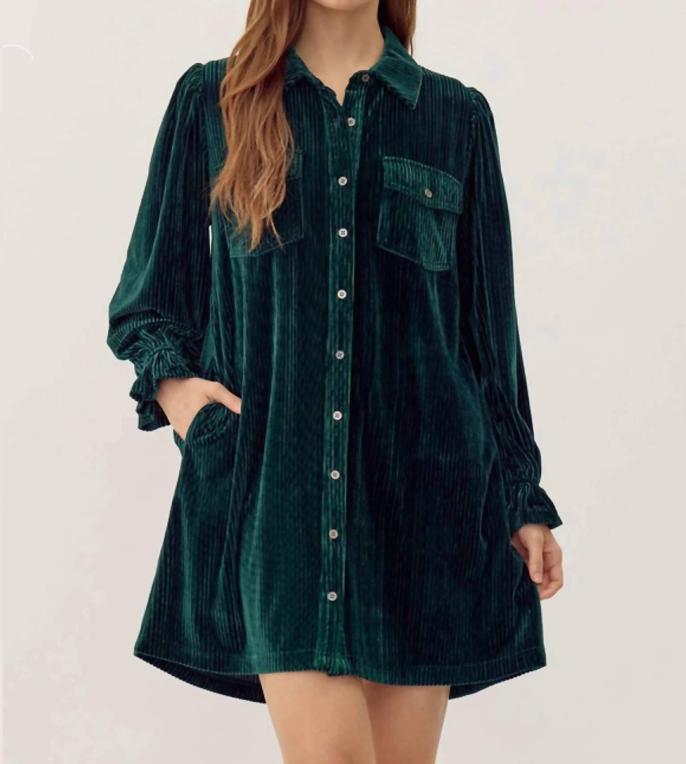 Jodifl - Women's Corduroy Velvet Shirt Dress