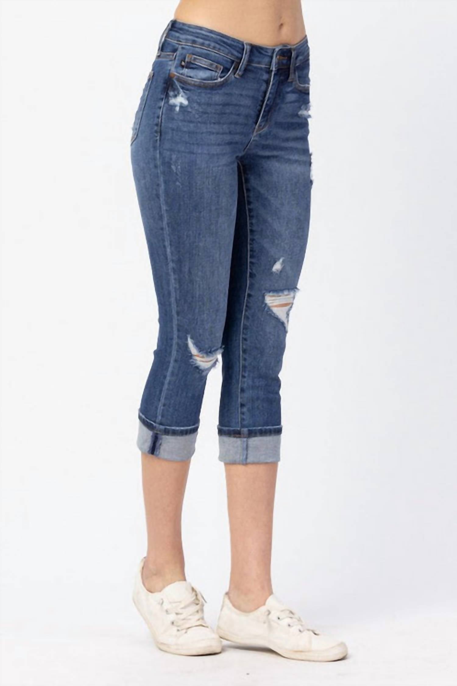 Judy Blue - Mid Rise Distressed Cuffer Jeans - Plus