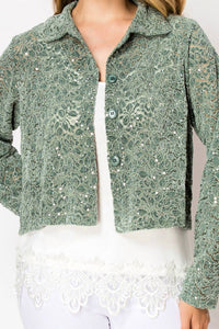 Origami Lace & Sequin Crushed Velvet Crop Jacket in green - women's jacket - alternate view