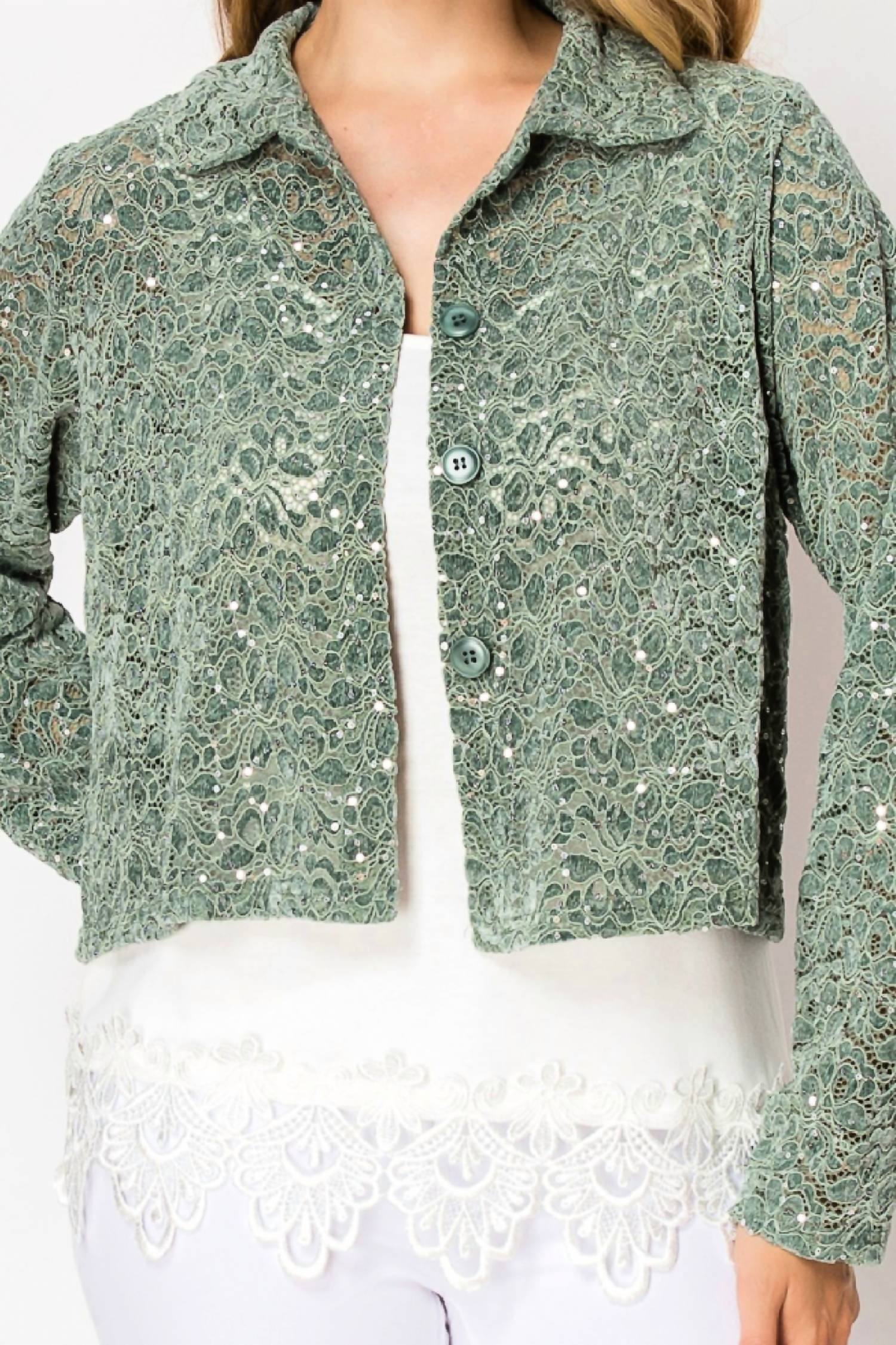 Origami Lace & Sequin Crushed Velvet Crop Jacket in green - women's jacket - alternate view