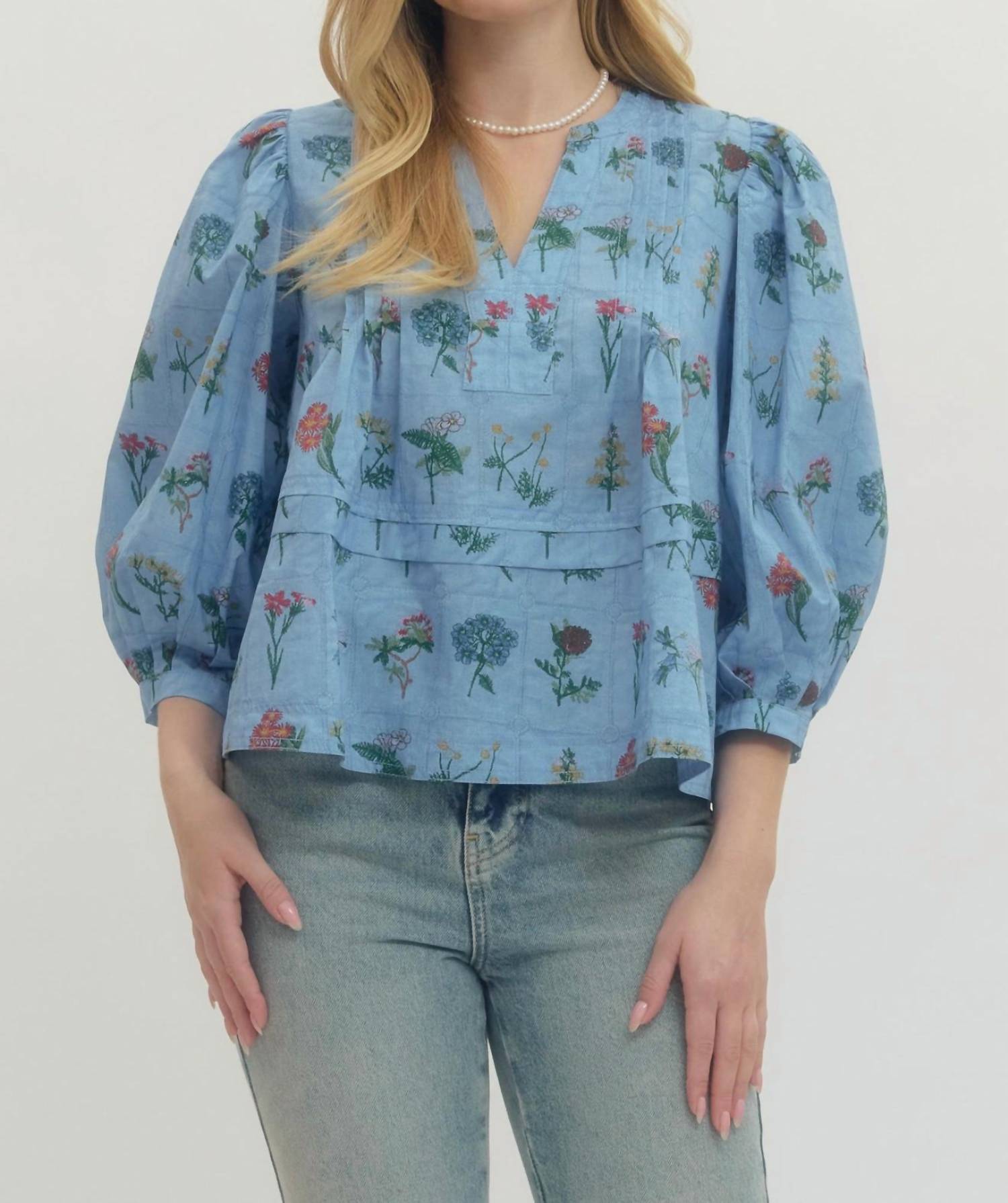 entro Floral Puff Sleeve Top in chambray blue - women's blouse