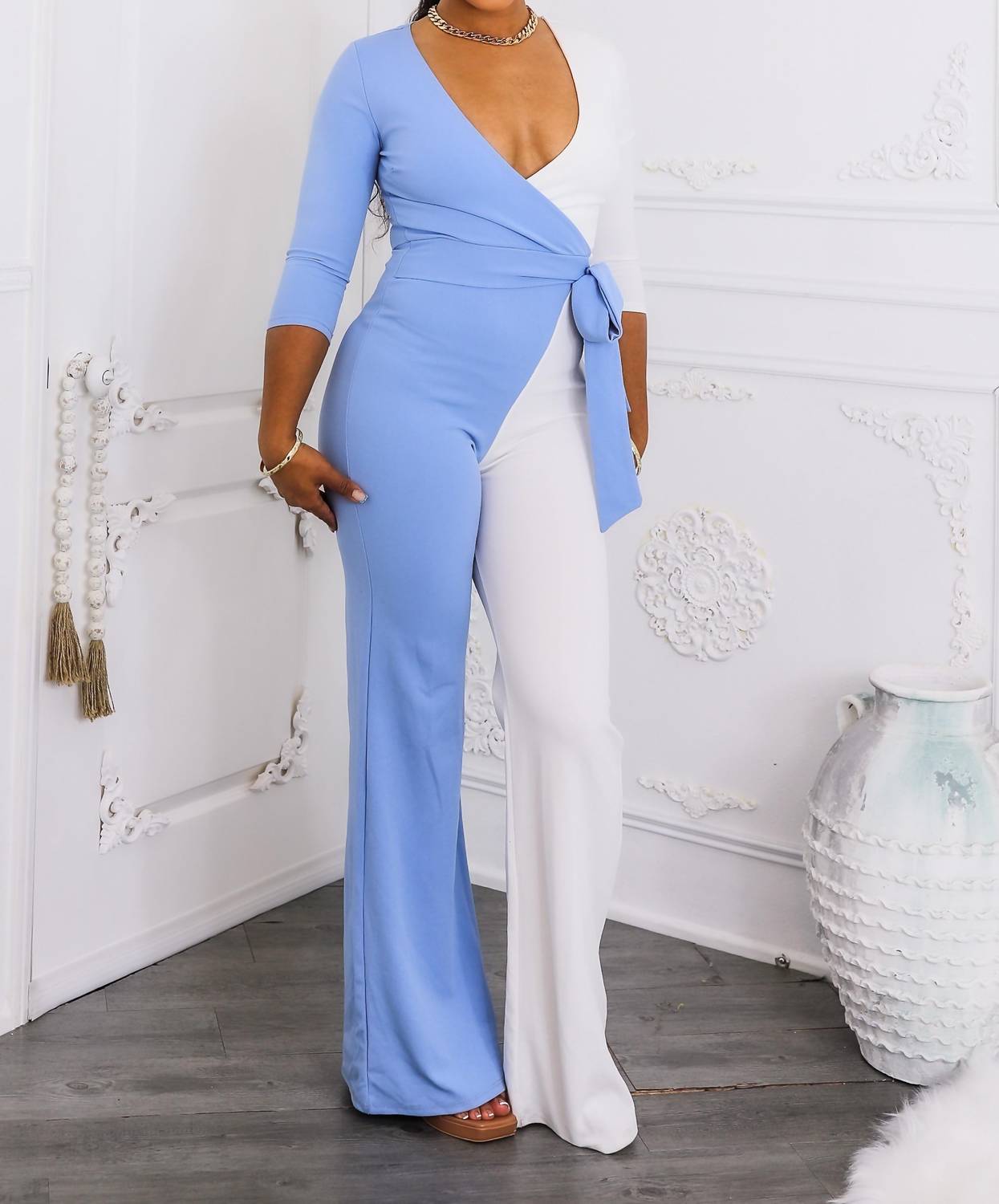 Surelymine - Sky & Ivory Colorblock Wrap Jumpsuit