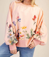 Easel - Floral Printed Terry Knit Pullover Top