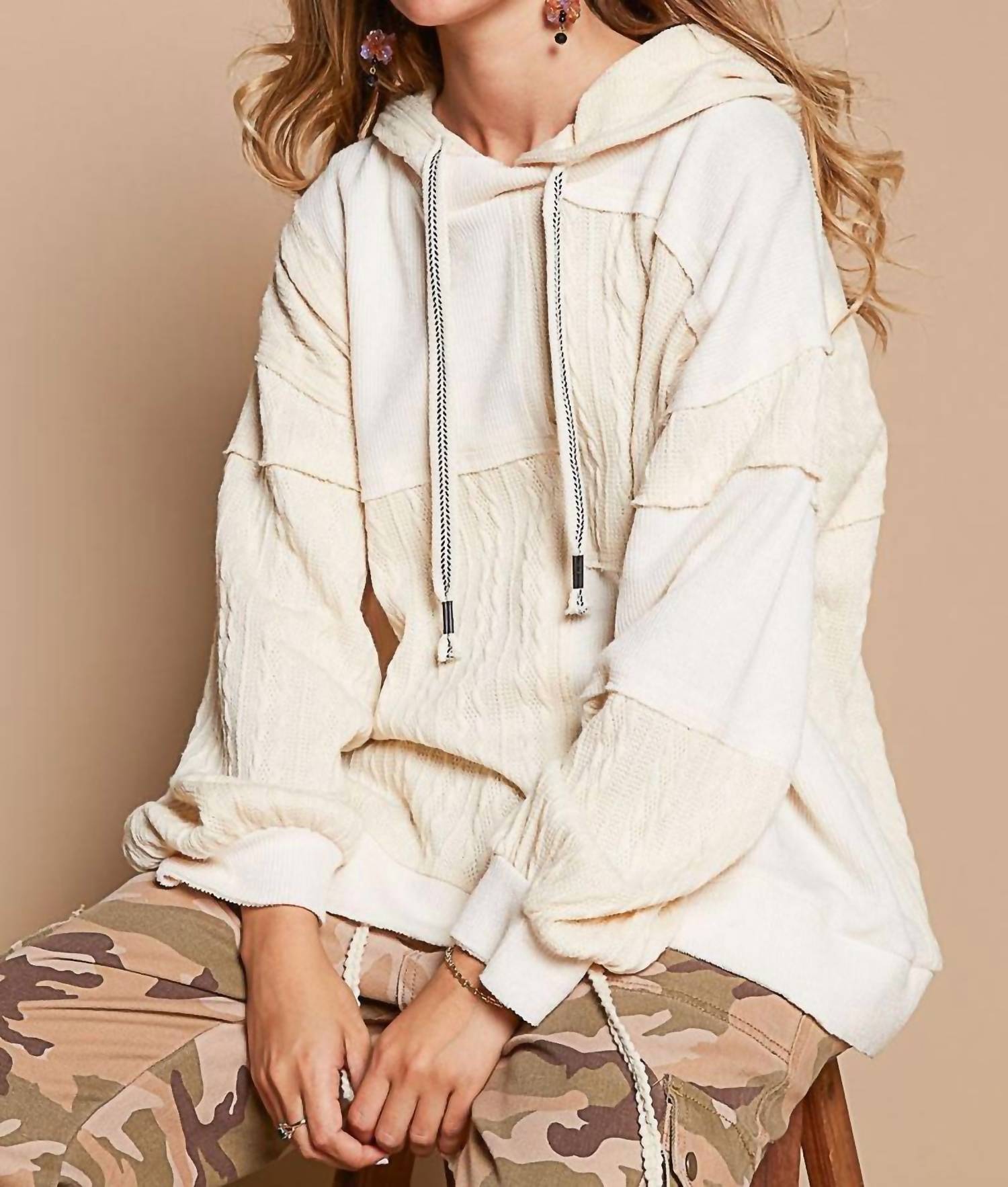 POL Balloon Sleeve Cut Sew Sweater Knit Top in cream - women's top