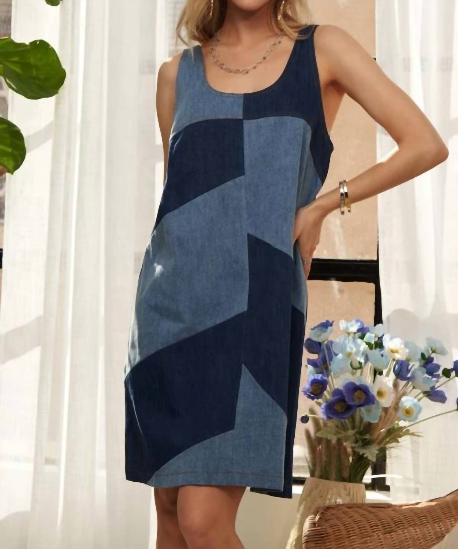 Adora - Pin Stripped Sleeveless Denim Mini Dress