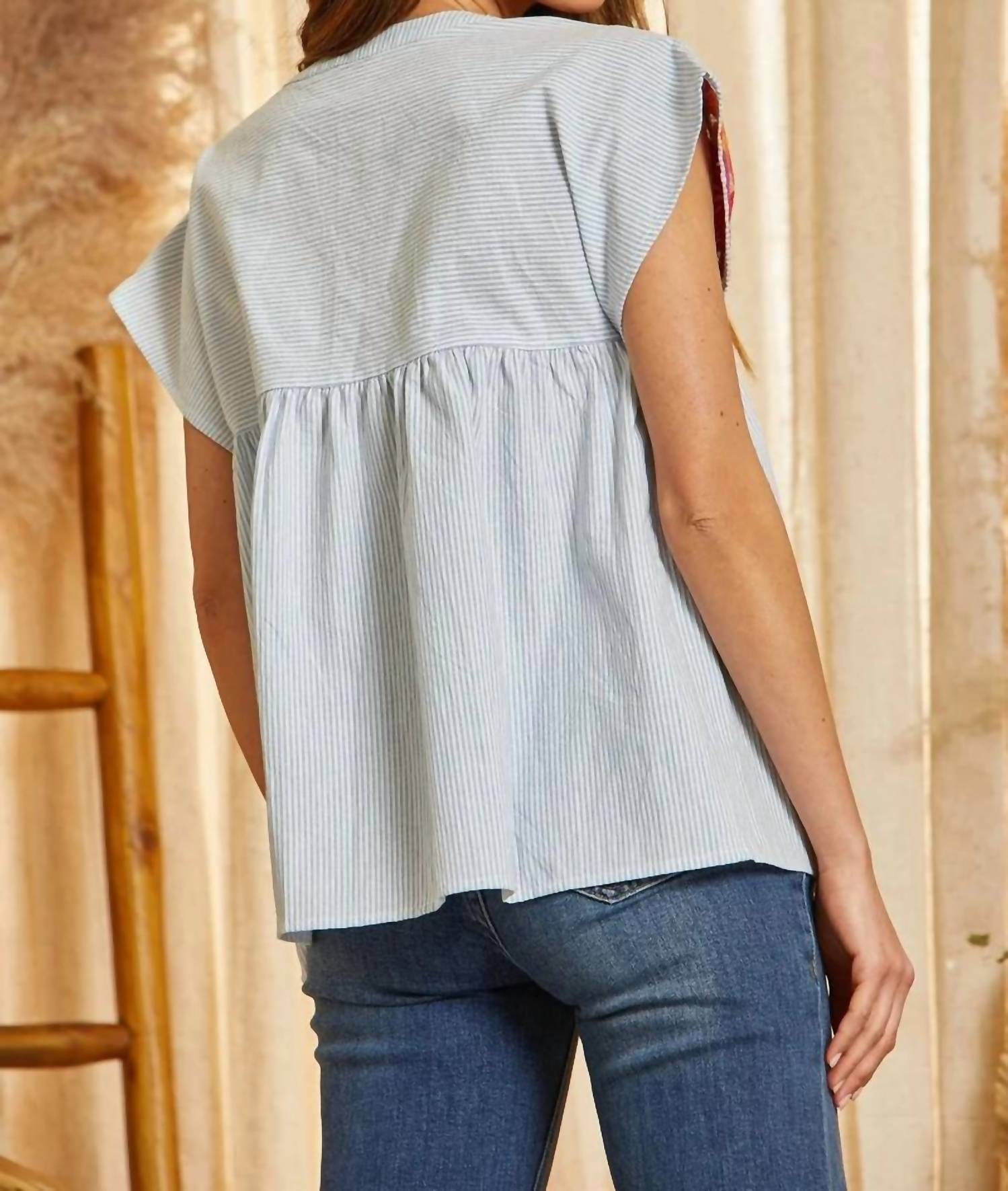 Andree By Unit - Striped Babydoll Embroidered Top