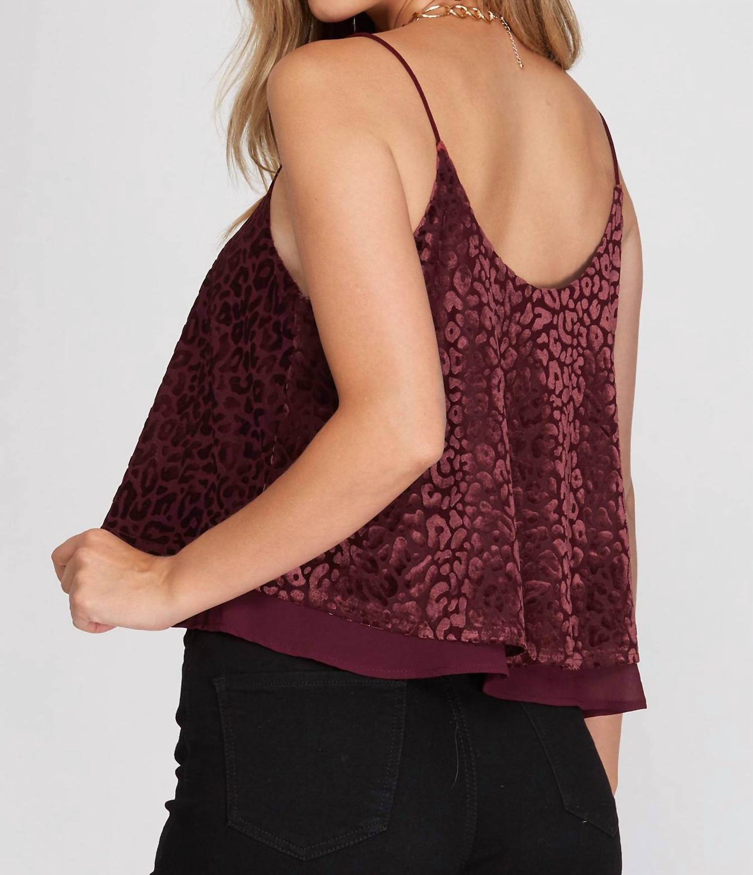 SHE + SKY Burnout Velvet Double Layered Camisole Top in wine - women's shirt - detail view