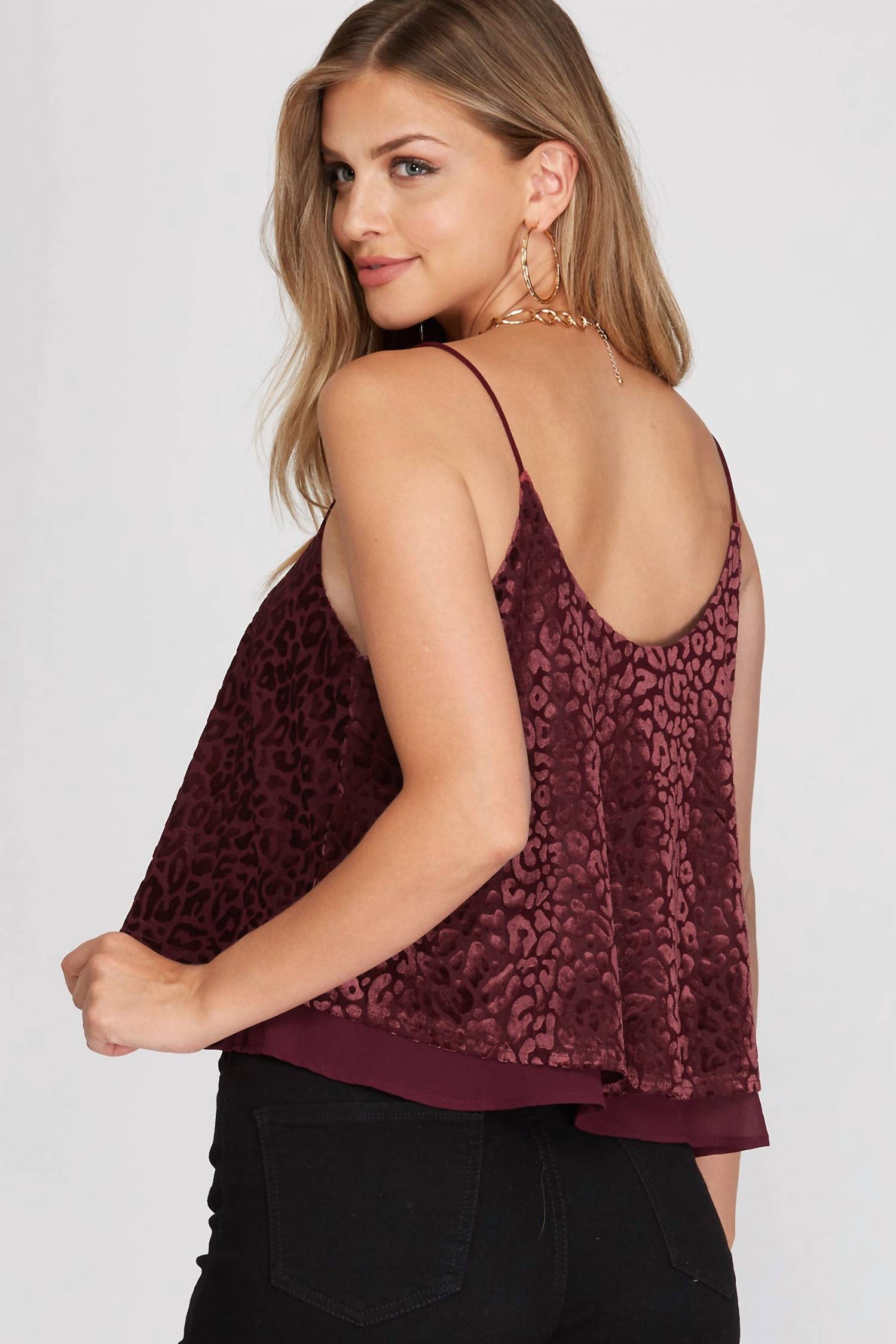 SHE + SKY Burnout Velvet Double Layered Camisole Top in wine - women's shirt - alternate view