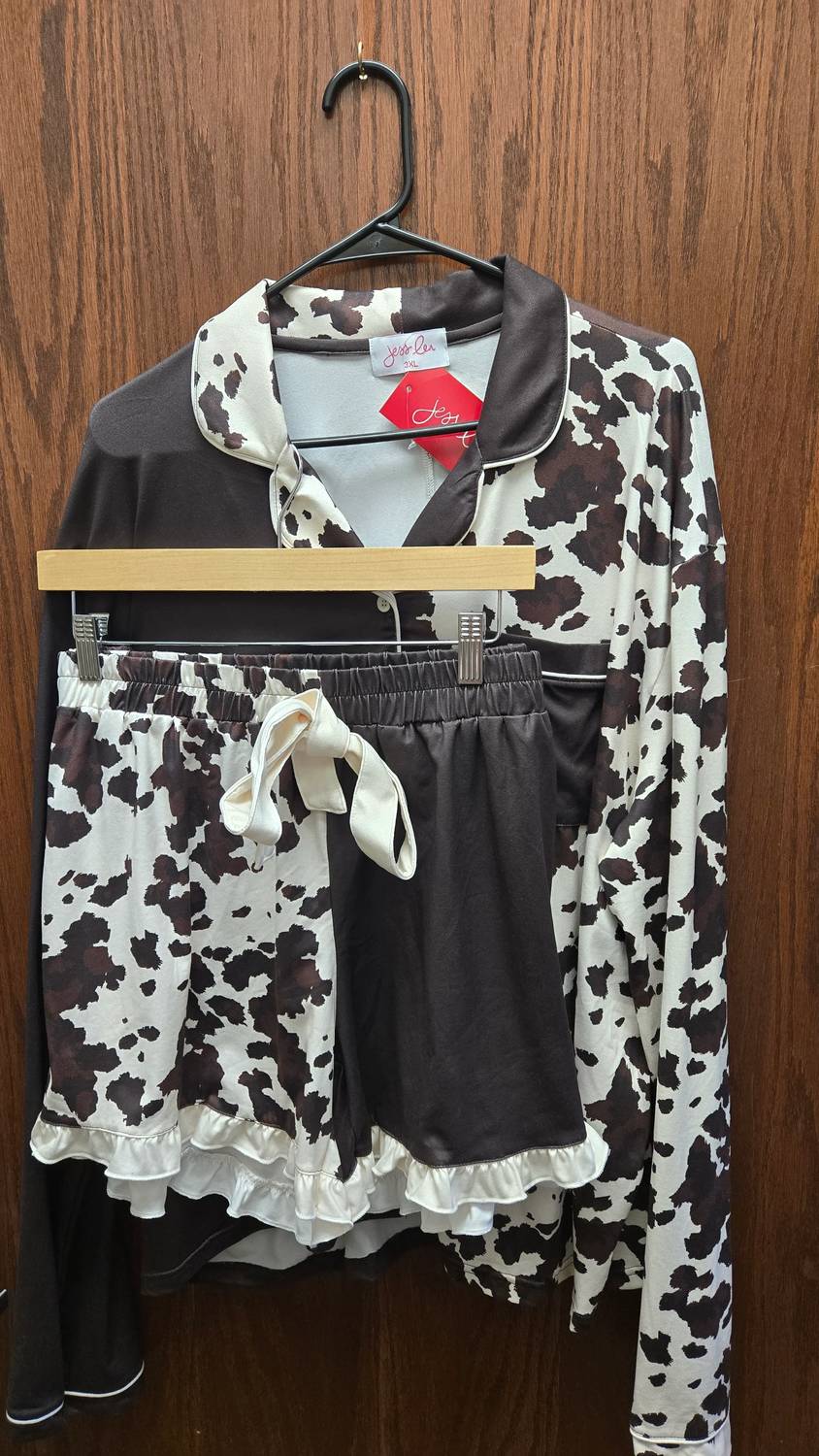 Jess Lea - Western Ruffle Cow Print Pajama Set - Plus