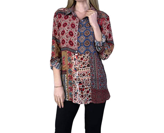 Shana Apparel - Patchwork Print Button Up Tunic Top