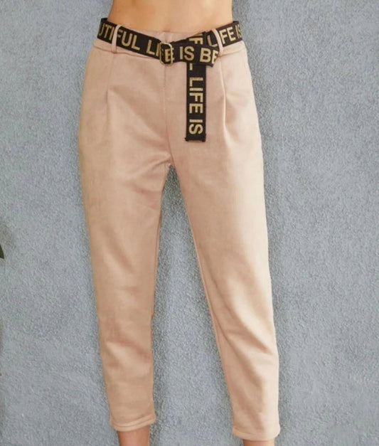 Venti6 - Renata Darted Faux Suede Elastic Waist Pant With Belt