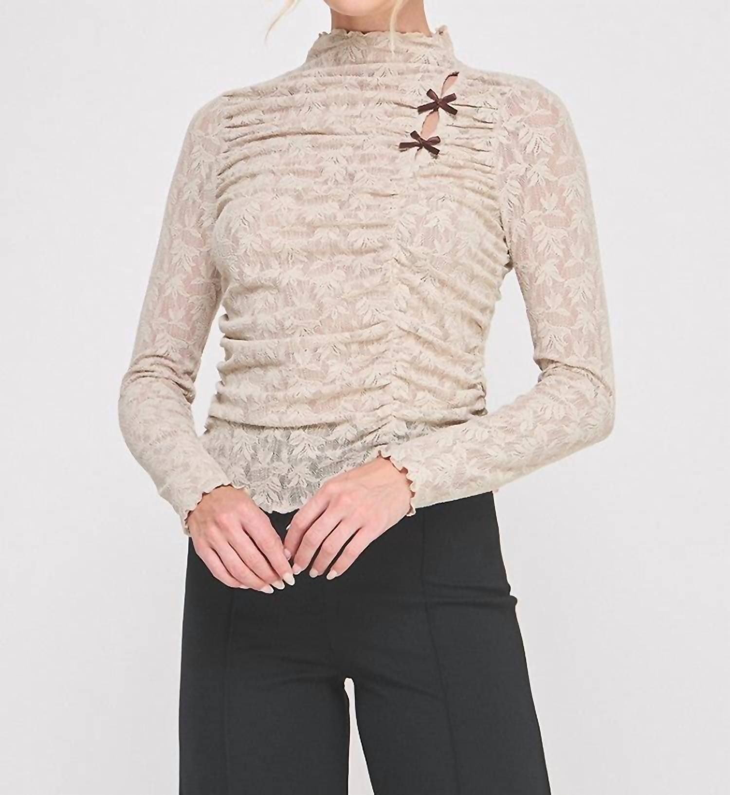 ALLIE ROSE Jacquard Lace Knit Ruched Mock Neck Top in beige 1 - women's long sleeve top
