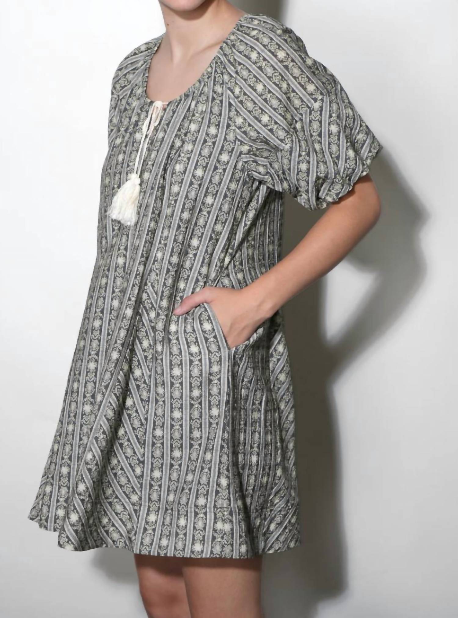 Greylin - Elena Stripe Pattern Bubble Sleeve Popover Dress