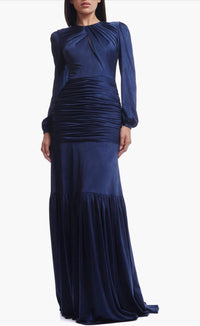 DRESS THE POPULATION Lucille Pleated Ruched Long Sleeve Gown in midnight blue - women's dress