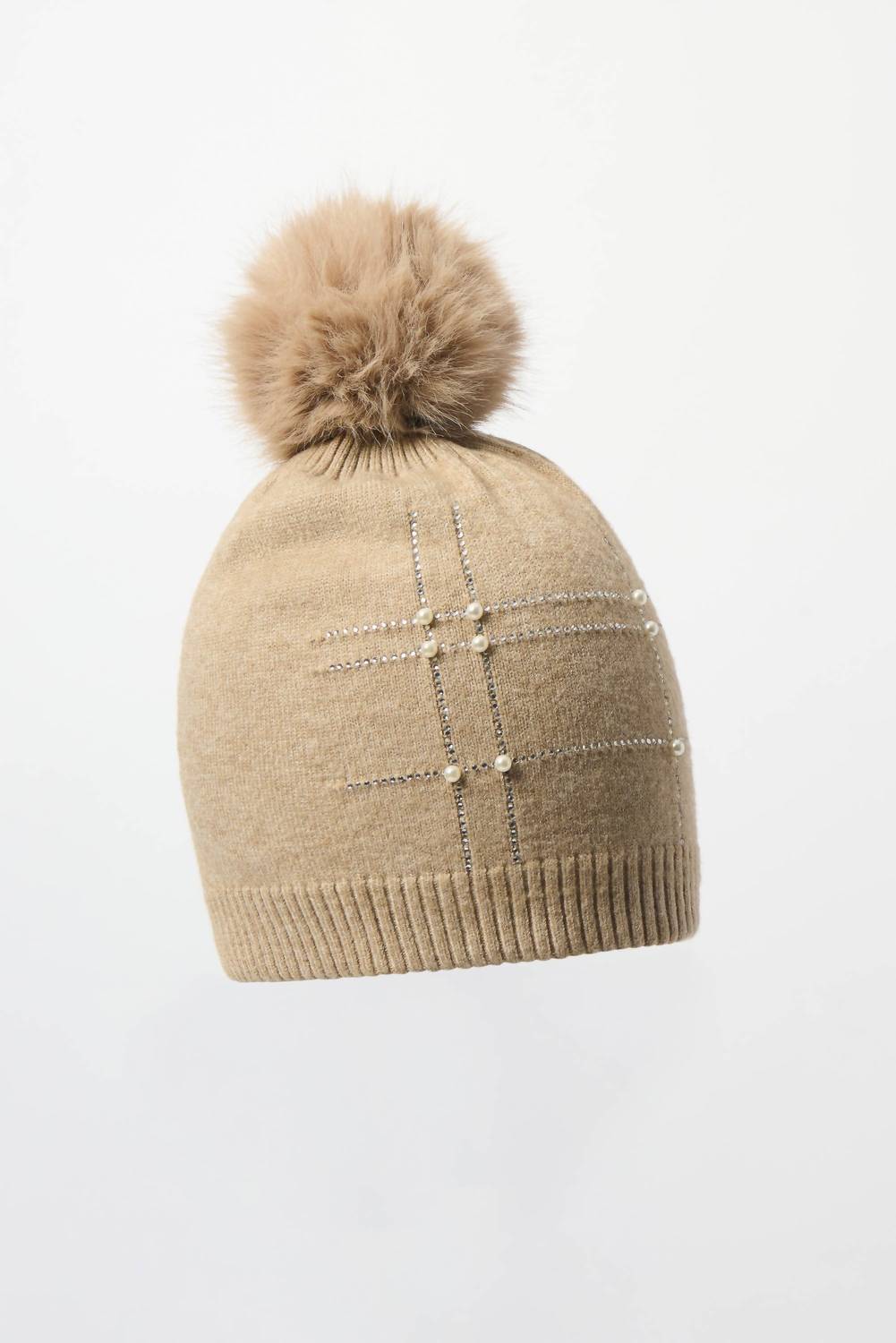 Joseph Ribkoff Beaded Pom-pom Beanie in taupe melange - women's hat