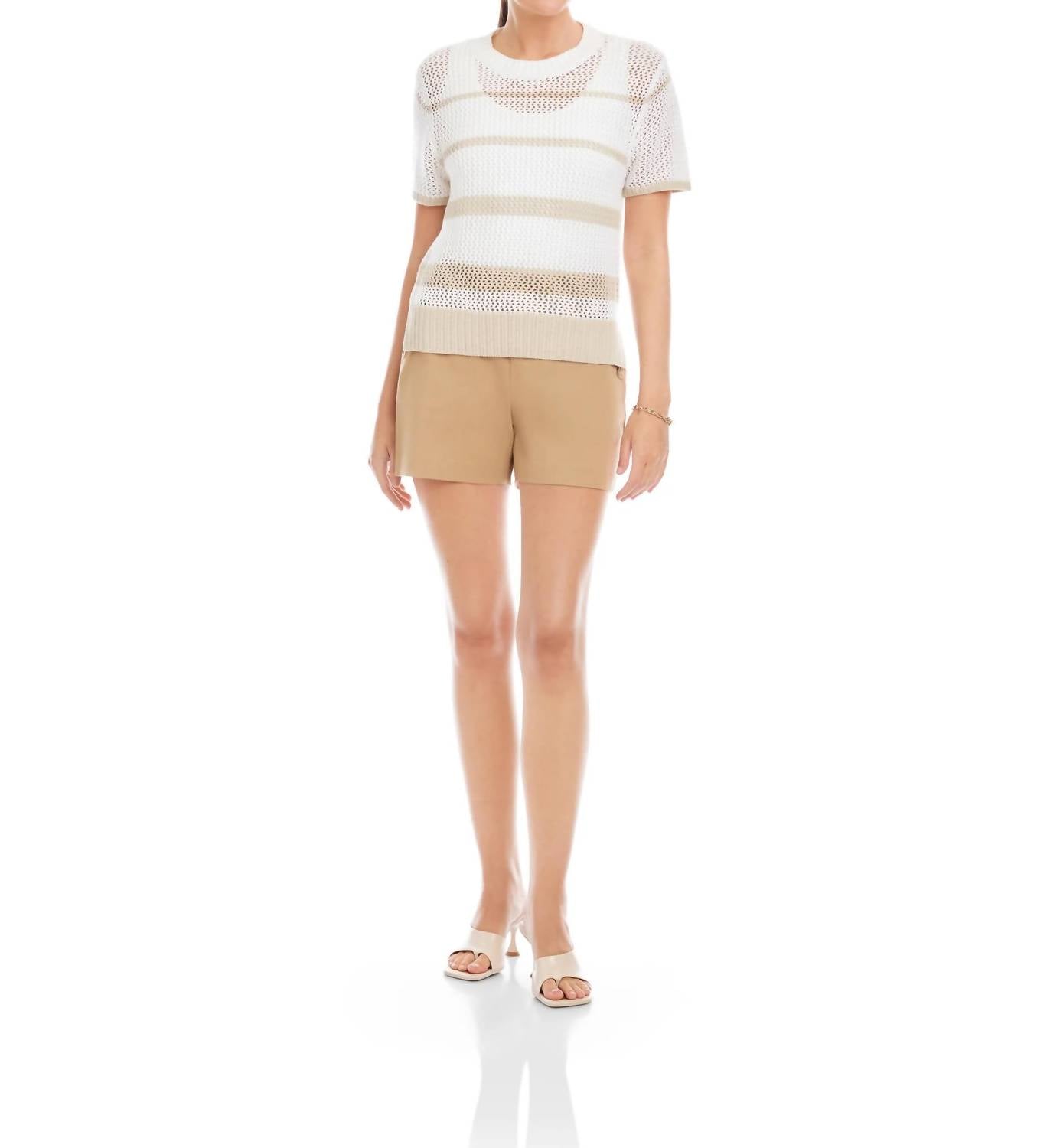 Fifteen Twenty Faye Crochet Sweater Top in cream and khaki - women's sweater - detail view