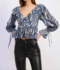 En Saison - Cypress Peplum Ruffle Slate Blouse