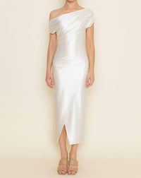 Fore Collection - Joan Pearl Draped Asymmetrical Midi Dress